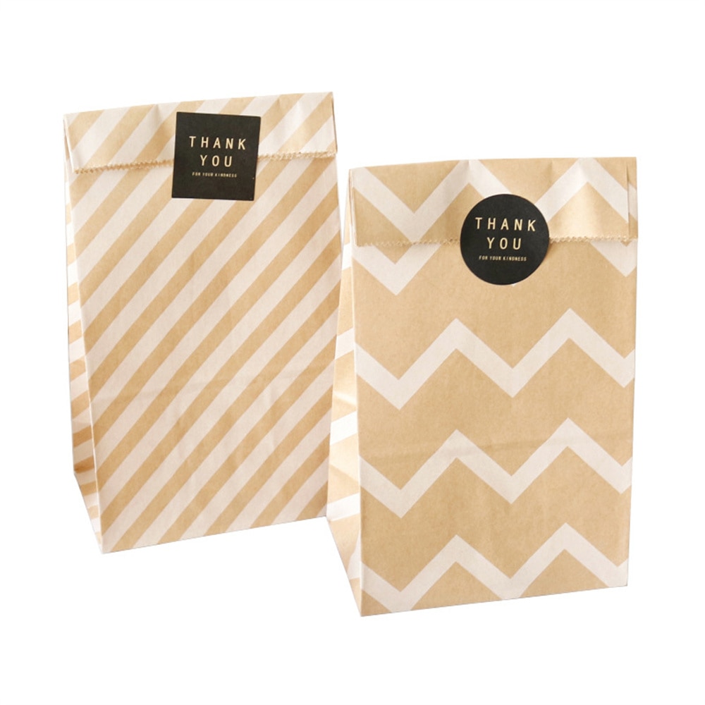 5 Sets Polka Dot Stripe Blank Kraft Paper Bags Candy Bag Wedding Birthday Party DIY Packaging Bags With Thank You Sticker