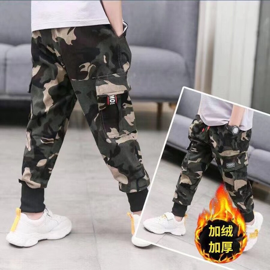 Winter Fleece Broek Voor Kid Jongens Camouflage Broek Kinderen Herfst Volledige Print Katoen Cargo Broek Jongen Tiener Warme Dikke Broek