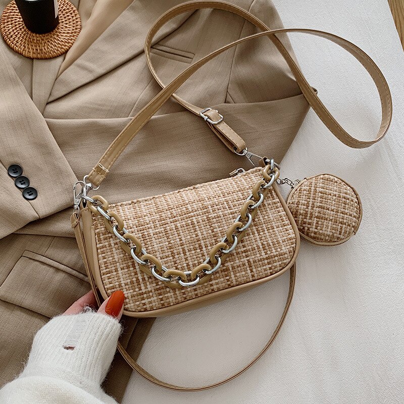 Mode Kleine Schoudertas Chain Handtassen Voor Vrouwen Zomer Baguette Tas Geweven Patroon Vrouwelijke Crossbody Handtassen: khaki