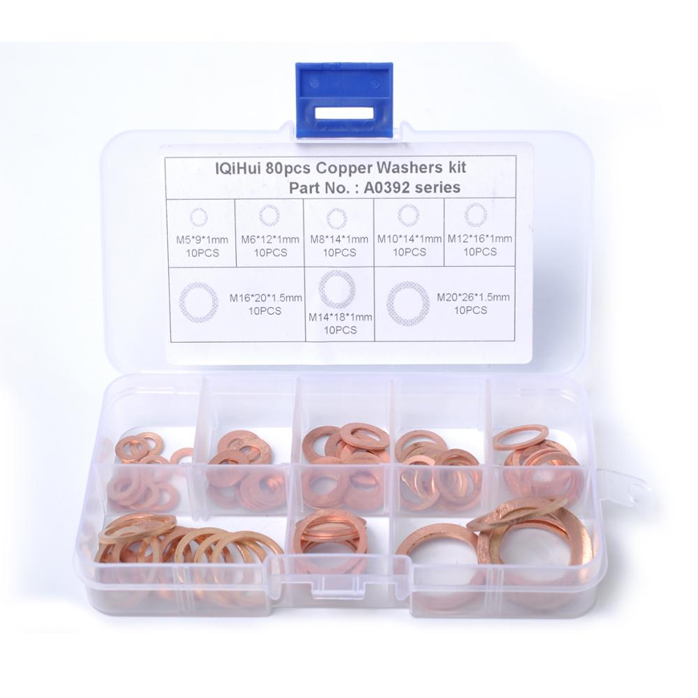 80 Pcs 8 Sizes Solid Copper Washers Sump Plug Assortment Washer Set Plastic Box Hardware Auto Accessories