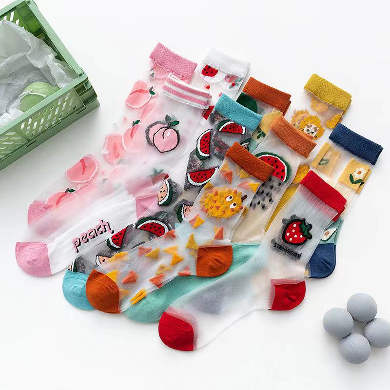 Calcetines de seda transparentes para mujer, medias femeninas de estilo japonés coreano, con estampado de frutas creativas, de vidrio ultrafino, 1 par