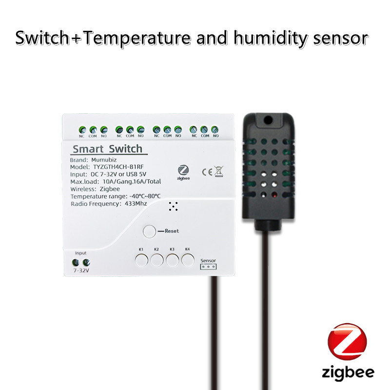 Tuya Smart TH10 Zigbee 4-kanaals schakelaar met temperatuur- en vochtigheidssensor Passief droog contact Zigbee-relais Werk met Alexa: Beige / Bundle2