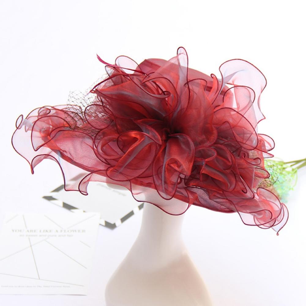 Wedding Hats For Bride Evening Organza Flower Sun Hat chapeau de mariage Wedding Accessories YSAN612: Red