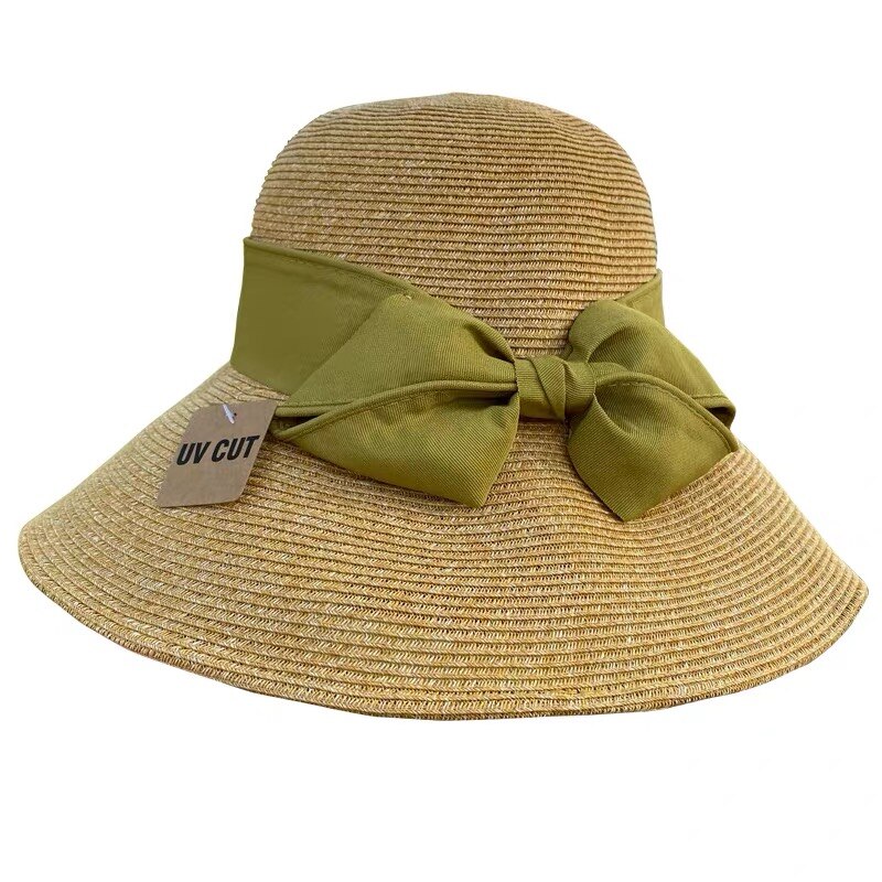 Zomer Strohoed Vrouwen Grote Wide Brim Strik Strand Zon Hoeden Opvouwbare Zonnebrandcrème Anti-Uv Panama Hoed Chapeu Feminino: Army Green