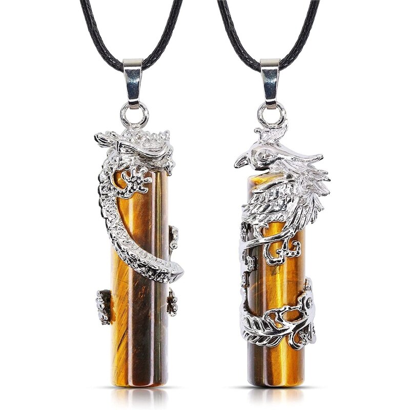 Collar cilíndrico con colgante de Yin Yang para parejas, 2 piezas, dragón de cristal, Fénix, curación por radiación