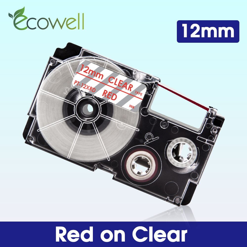 Ecowell XR-12WE XR-12RD XR-12BU XR-12YW XR-12GN Multicolor Casio label tape compatible for KL-60 KL-60SR KL-750 EZ Label Maker: Red on Clear