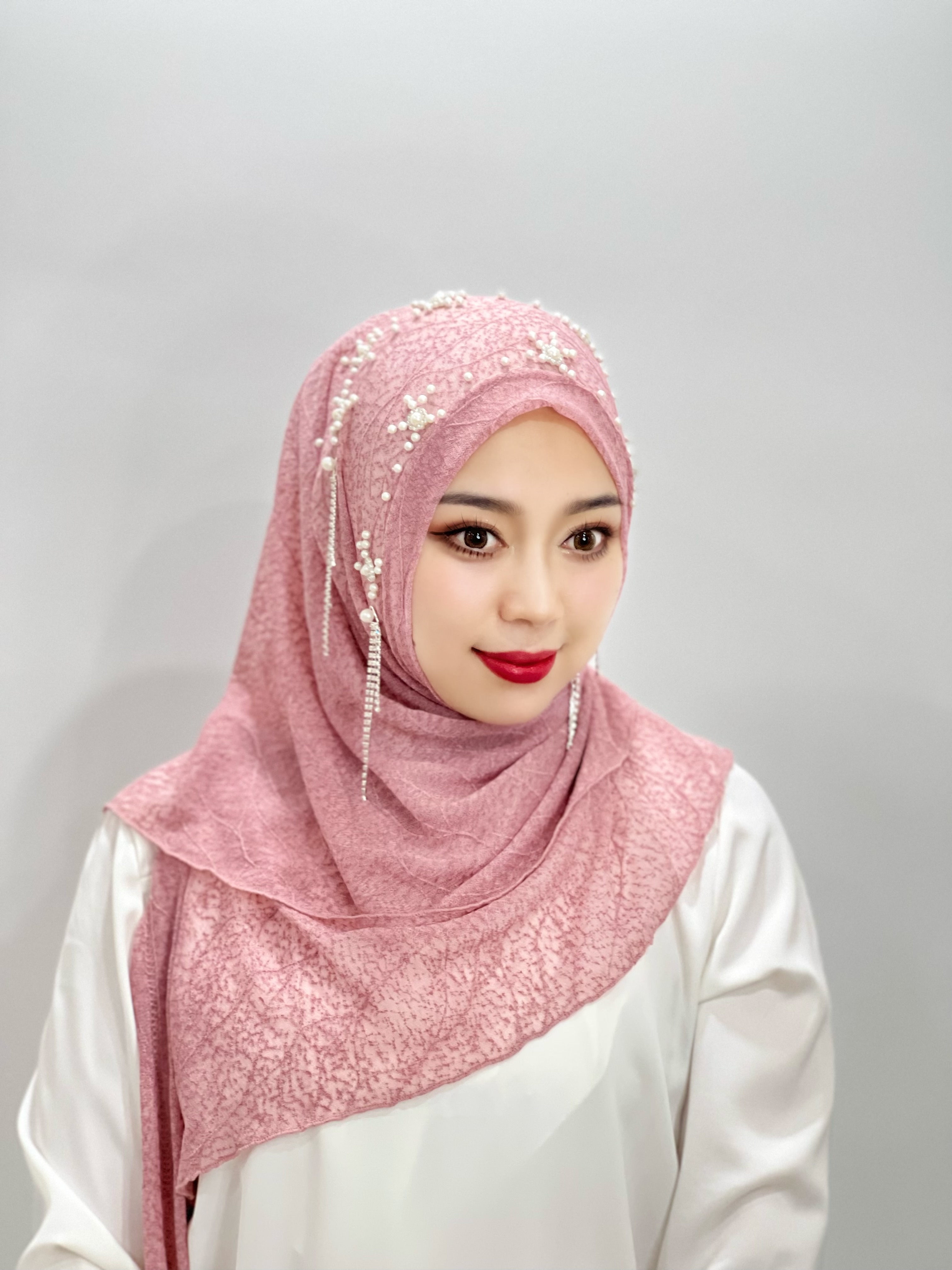 chapeau africain femme epingle hijab voile chretien Hijab à pampilles florales islamiques, Hijab Abaya, Texture de feuilles perlées, écharpe pour femmes, bandeau musulman, châle instantané, turquie: Rose