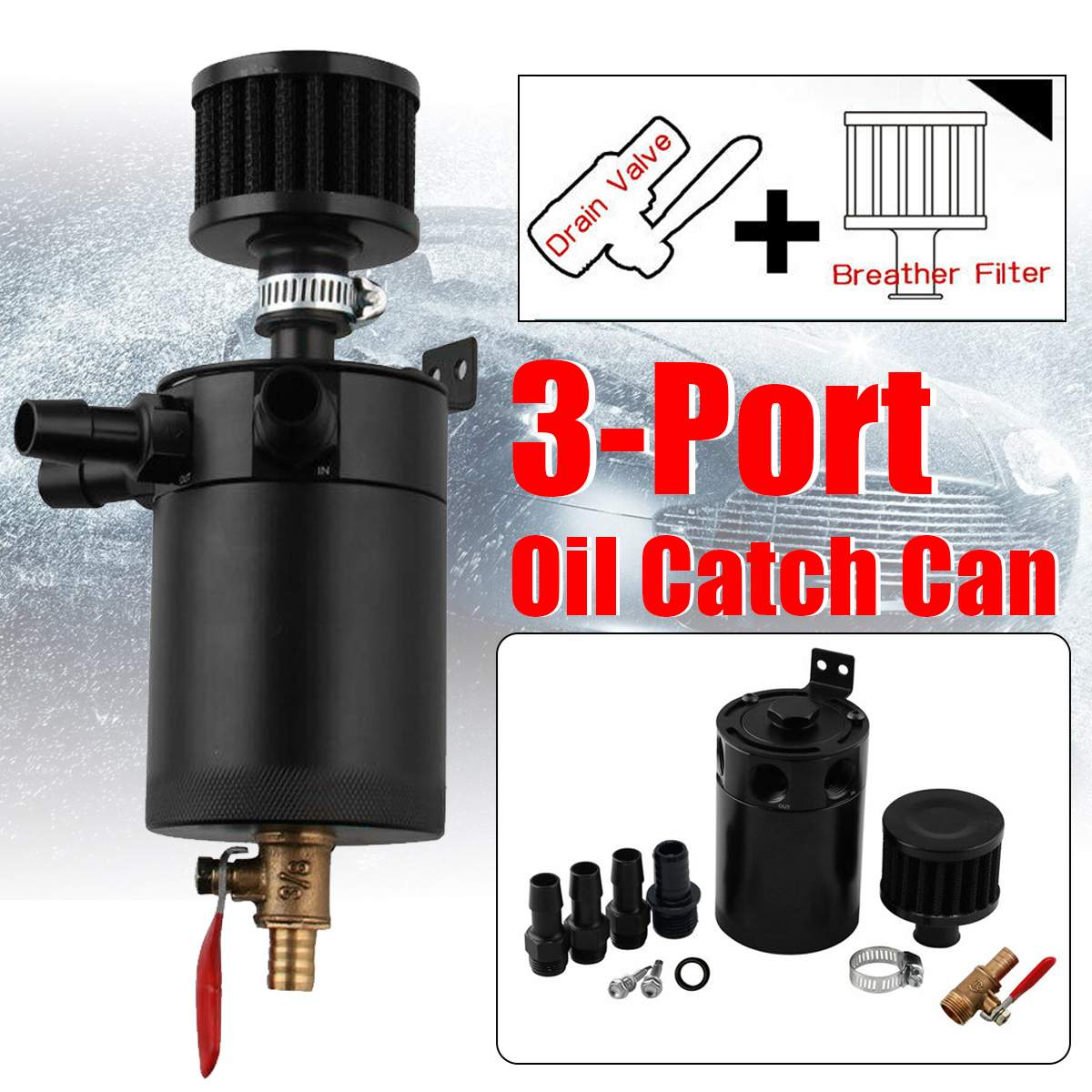 Universele 3-Poort Olie Catch Can Tank Reservoir Met Aftapkraan Breather Filter Compact Verbijsterd Aluminium Olie Catch Brandstof tank