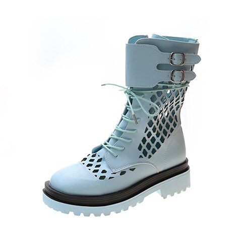 Dames kniehoge laarzen dames veterschoenen dames rits gesp ronde neus uitgehold ademende dames coole schoenen: Blauw / 5