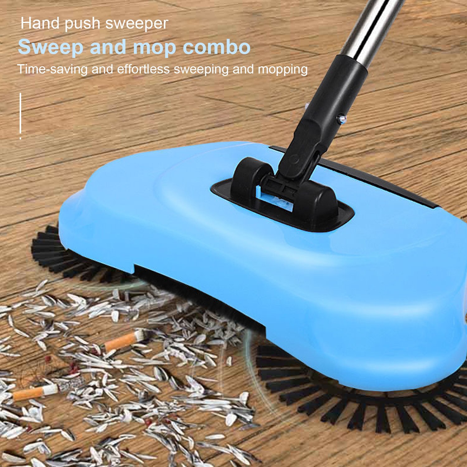 Vacuum Hand Push Soft Broom Dustpan Set Household 2-in-1 Adjustable Mop Brush with Garbage Bin