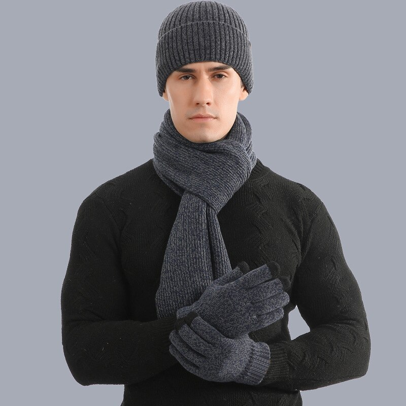 3 stykke sæt vinter vinter mænds strikket uld beanie hat tørklæde handsker sæt mænds daglige fritid ski camping fiskeri varmt sæt: Flåde