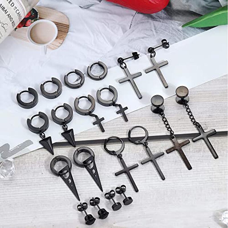 10 Pairs of Stainless Steel Cross Pendant Hinge Ring Earrings Cubic Zirconia Ball Earrings Sizes Tunnel Ring Earrings Black