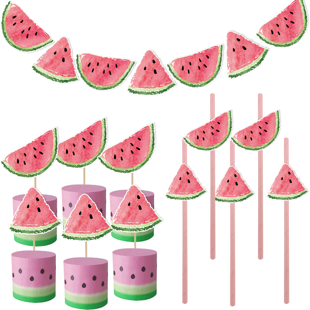 1 set watermeloen eco-papieren rietjes hangende banner taarttoppers voor zomerse watermeloen verjaardagsfeest decoratie kinderspullen