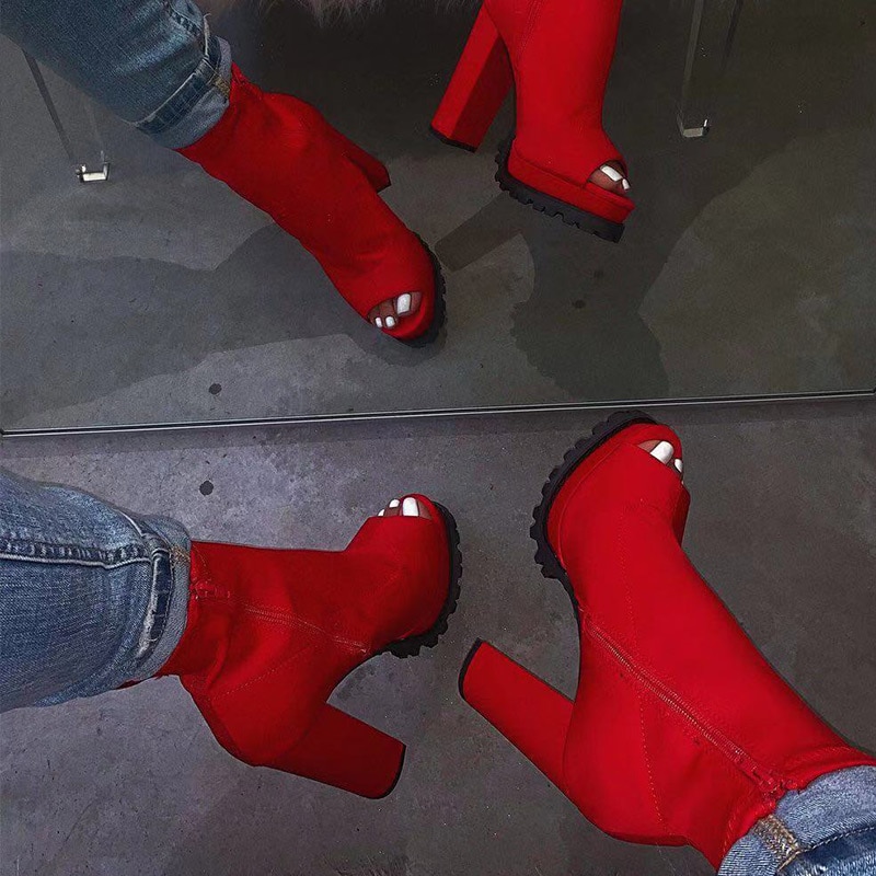 Rouge nouvelles bottes femmes serpent motif Zip bottines automne femme Peep orteil épais talons hauts dames plate-forme chaussures directe