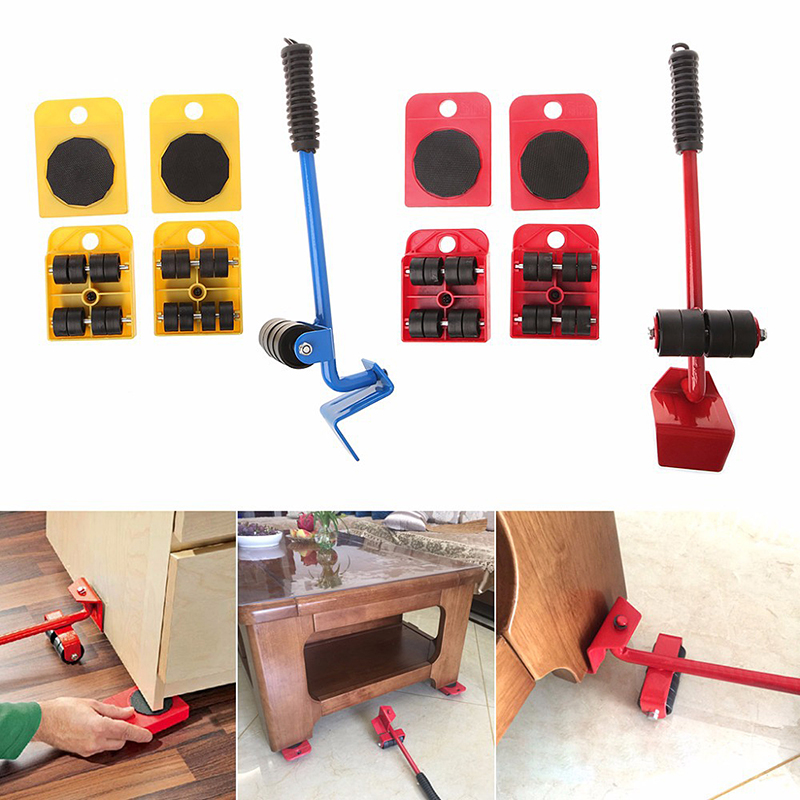 5Pcs Furniture Transport Lifter Tool Set Heavy Stuffs Moving Hand Tools Set Wheel Bar Mover Device Max Up For 100Kg/220Lbs