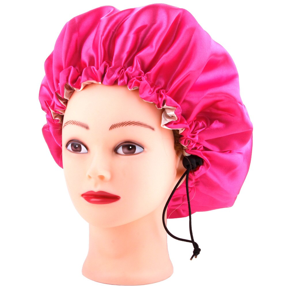 Gorro de satén Reversible para dormir, gorro de seda para mujer, gorro para el pelo de noche, cubierta para la cabeza, sombrero de doble capa ajustable, accesorios para peinados rizados: Rose Red
