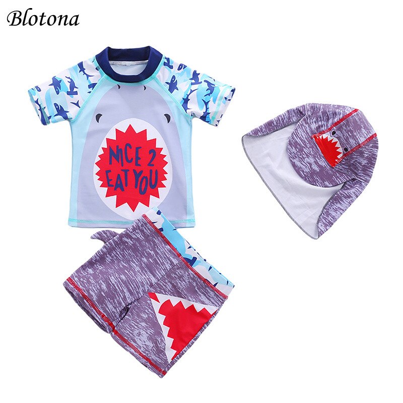 Blotona-Conjunto de ropa de natación para niños pequeños, Tops de manga corta con cuello redondo azul + Pantalones cortos + sombrero, ropa de playa de vacaciones de 3 a 7 años, 3 uds.