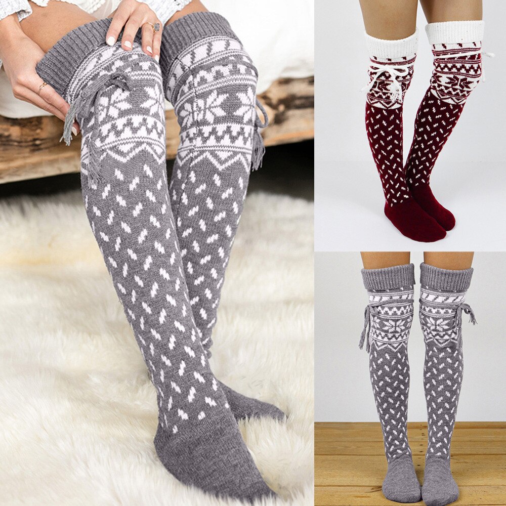 Woman Socks Knee Socks Warm Female Long Stockings Winter Knitted Long Socks Christmas Thigh High Socks For Ladies Girls