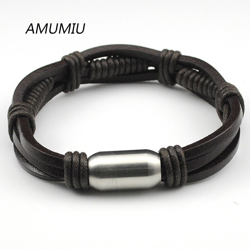 AMUMIU-Bracelet en cuir pour hommes | Fermoir en acier inoxydable, chaîne en corde, bijoux faits à la main, HZB010