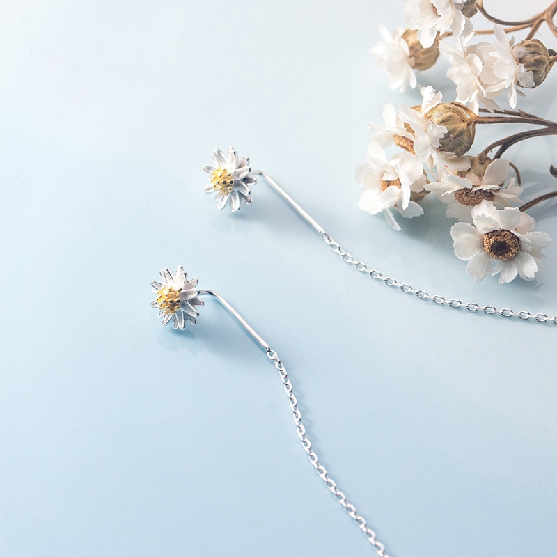 La monada daisy långa silverörhängen 925 sterling silver fina smycken för kvinnor dinglar hängande koreanska örhängen tofs: Default Title