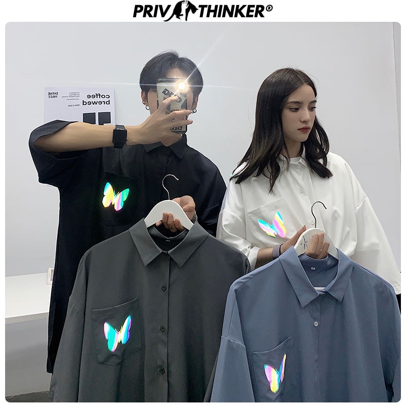 Chemises homme privathink réfléchissantes à motif papillon, style coréen, manches mi-longues, style harajuku, style hip-hop, décontractées