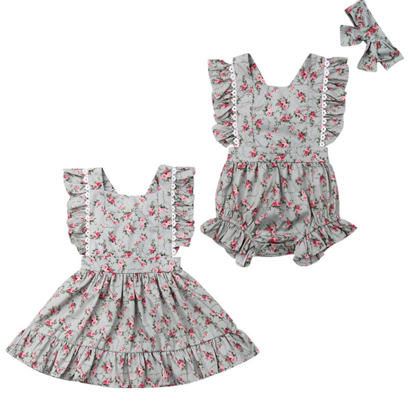 Focusnorm 0-5 år toddler børn baby pige tøj søster matchende blomster romper kjole outfit sæt