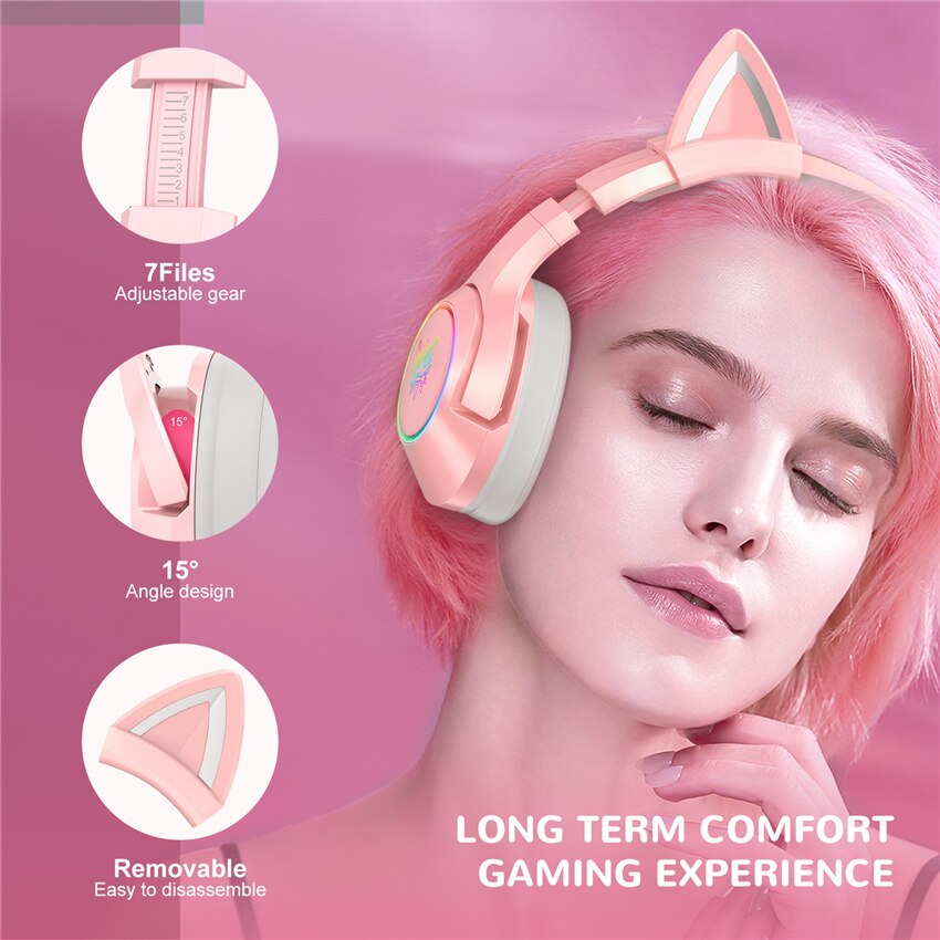ONIKUMA K9 USB Gaming Headset casque Pink Cat Ear 7.1 Surround Sound Stereo Headphones with Mic & LED for PC Gamer