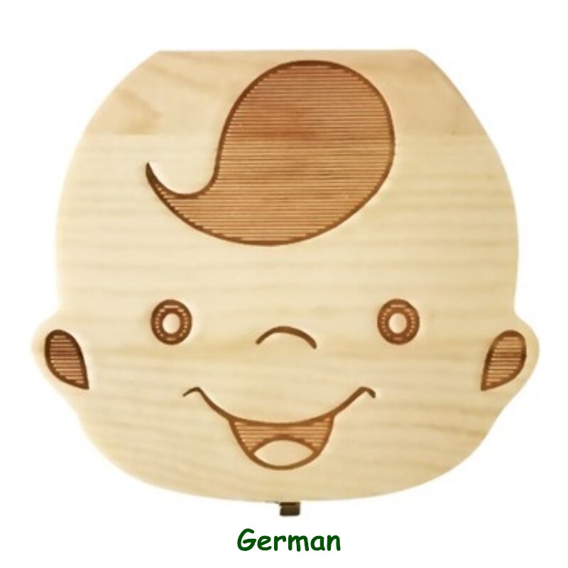 Caja de madera para guardar dientes de leche de bebé, organizador de Lanugo, Umbilical, para recuerdos, inglés, español, francés, ruso, portugués: German boy