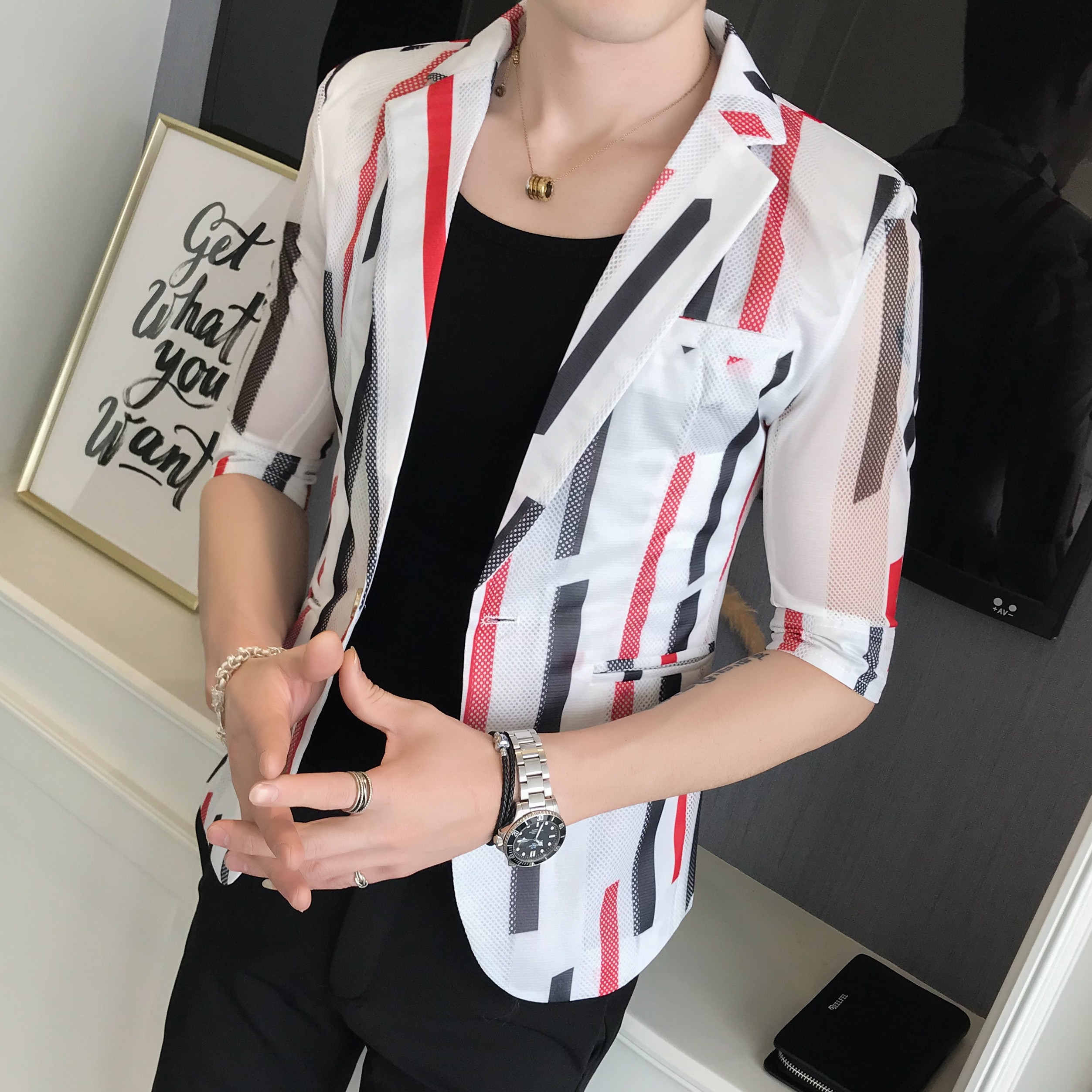 Men Blazer Thin Summer Print Hollow Suit Jacket Single Button Half Sleeve Male Nightclub Slim Fit Party Blazers