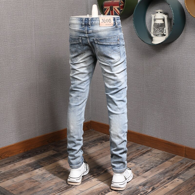 Korean Style Men Jeans Light Blue Embroidery Patches Ripped Denim Trousers Streetwear Elastic Cotton Slim Pants