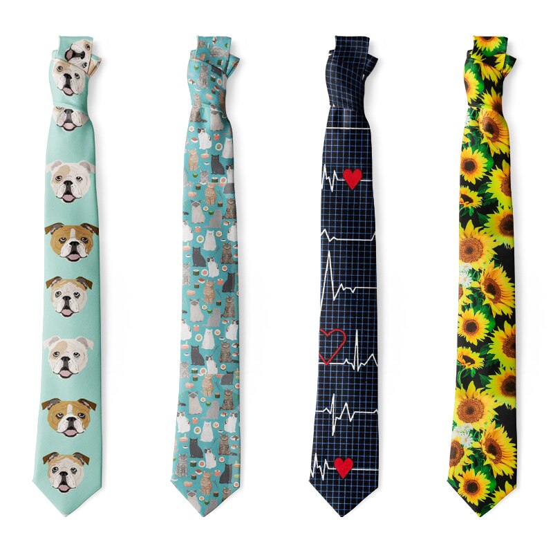 Cartoon Dog Sunflower Print Tie Casual Slim High 8cm Nylon Men Women Necktie Funnny Harajuku Party Dinner Female Men Tie