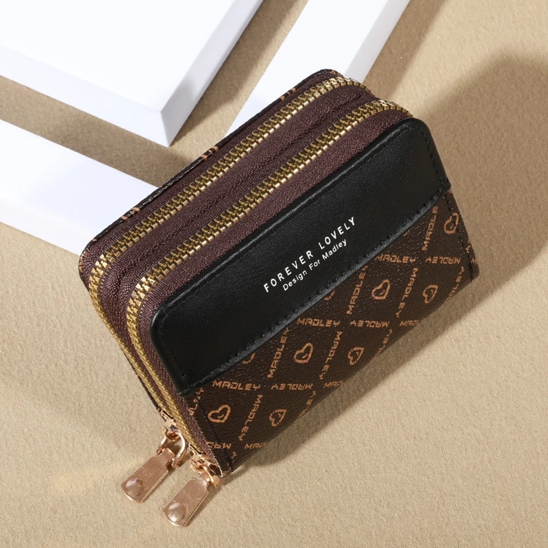 Mini portefeuille en similicuir avec double fermeture éclair, pochette classique compacte, fentes pour cartes multiples, poche coordonnante, protection RFID, chic: Black