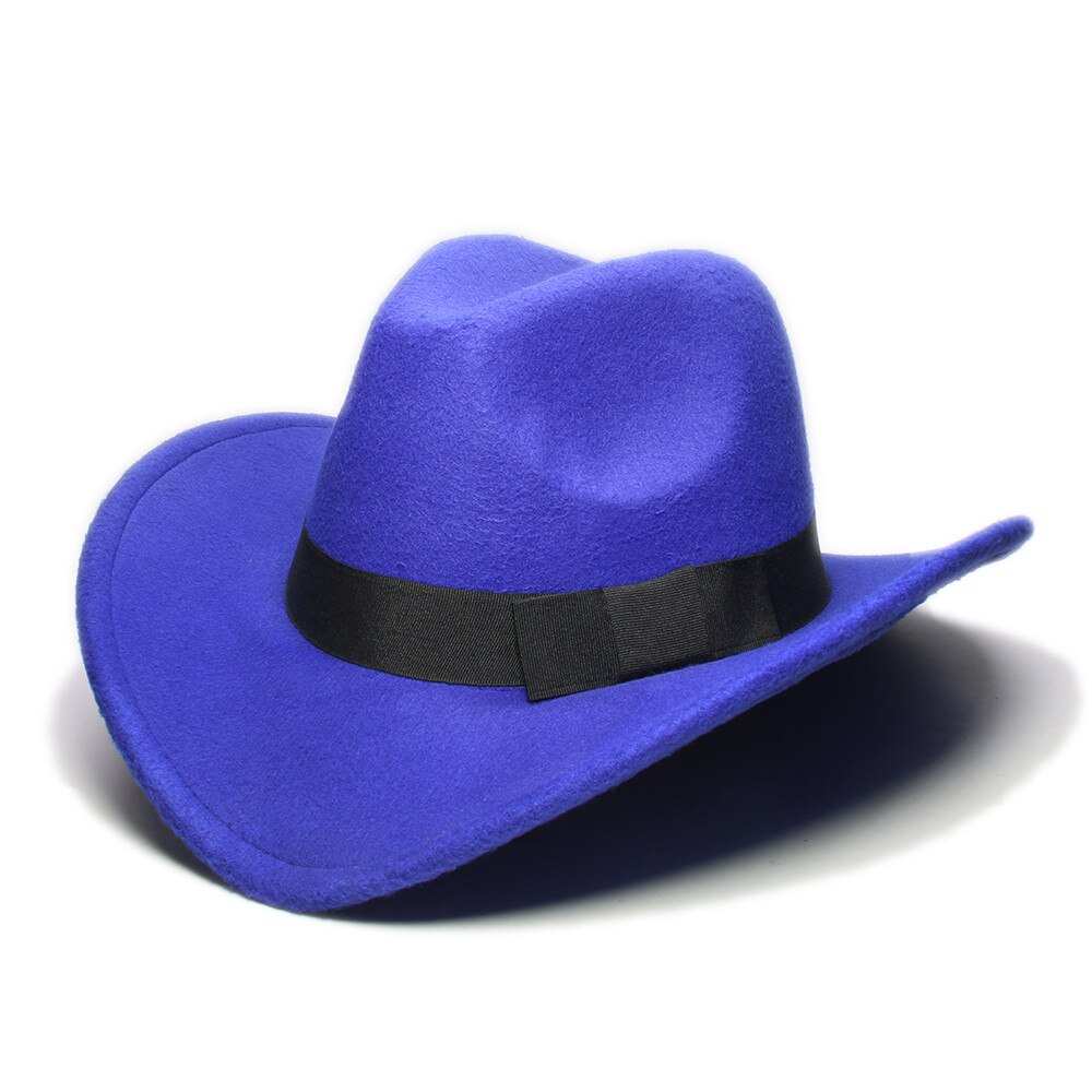 Retro Parent-child Women Men /Kid Wool Wide Brim Cowboy Western Hat Cowgirl Bowler Cap Black Bow Bowknot Ribbon Band (57//54cm): Blue / Adult Size 57cm