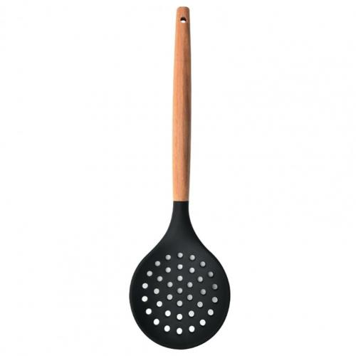 Wooden Handle Non-Stick Kitchen Silicone Strainer Spoon Skimmer Strainer Filter Baking Cooking Serving Utensils Set cocina: black