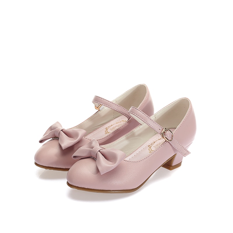 SKHEK Girls Princess Dress Shoes Bowknot Children Princess Sandals High Heels Dancing Kids Shoes size 28~37 Pink White