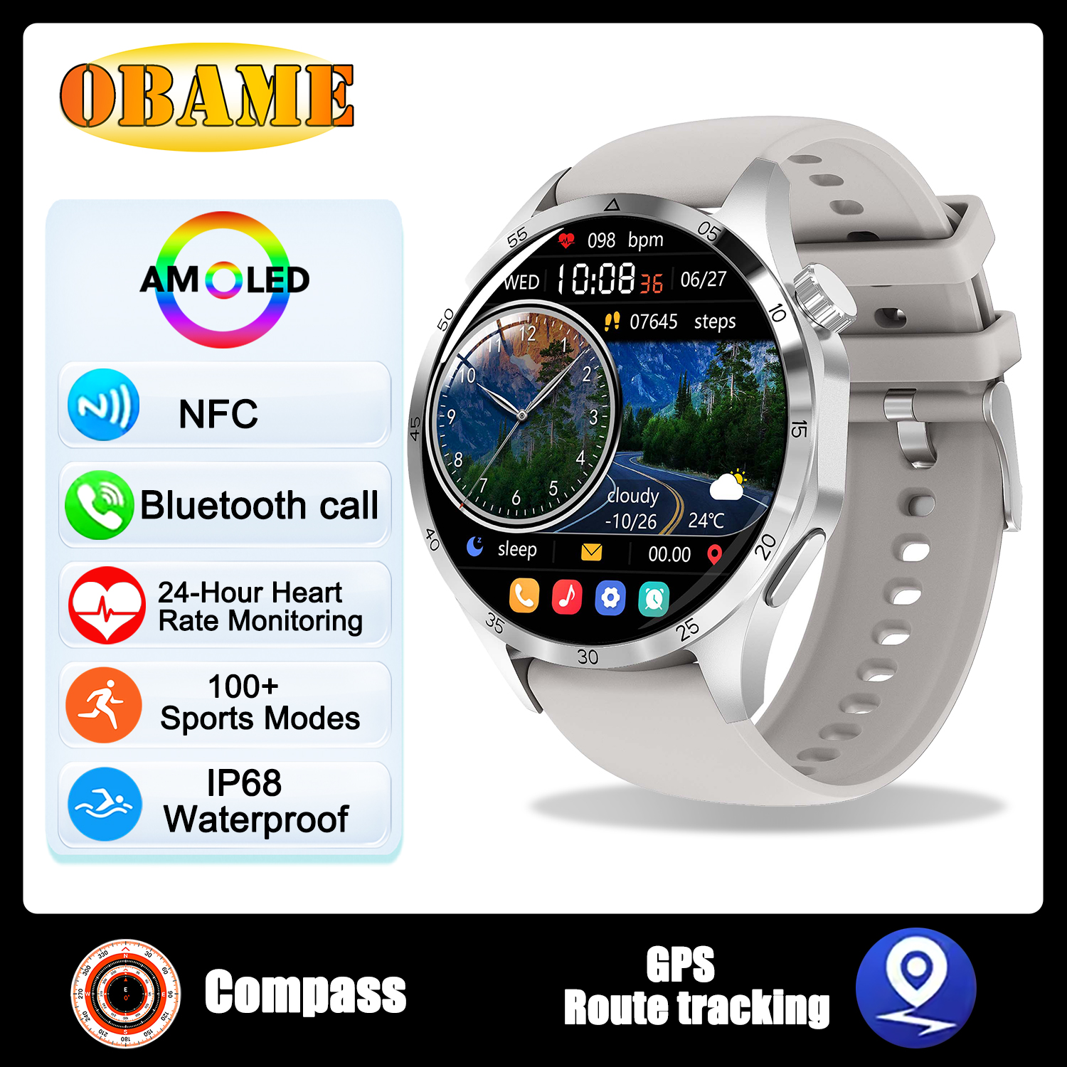 reloj inteligente clásico con GPS, pantalla AMOLED Ultra HD de 1,6 pulgadas, GPS incorporado, llamada BT, NFC, IP68, reloj inteligente resistente al agua para Android IOS: Negro