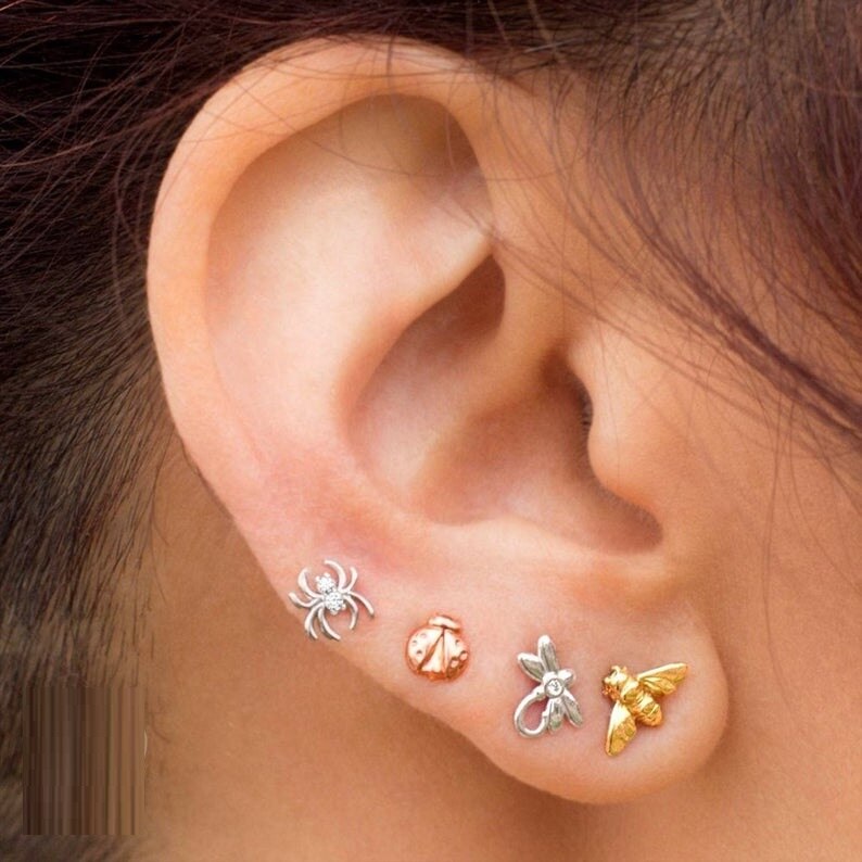 Real 925 Sterling Silver Small Cute Minimal Stud Earring For Women Starfish Bee Butterfly Spider Dragonfly Charm Jewelry