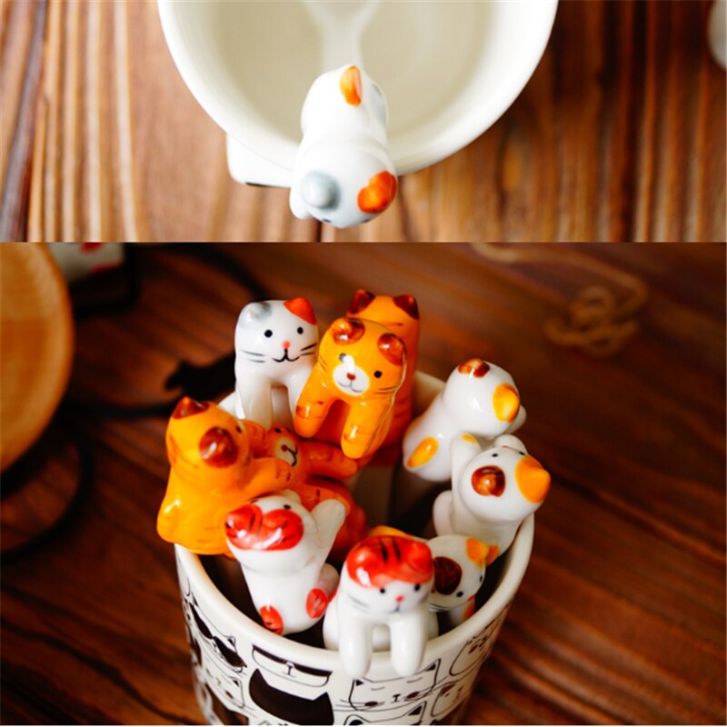 5 Pcs Keuken Tool Novelty Keramische Cartoon Leuke Kat Dier Lepel Opknoping Koffie Dessert Lepel Unieke Ijs Bestek