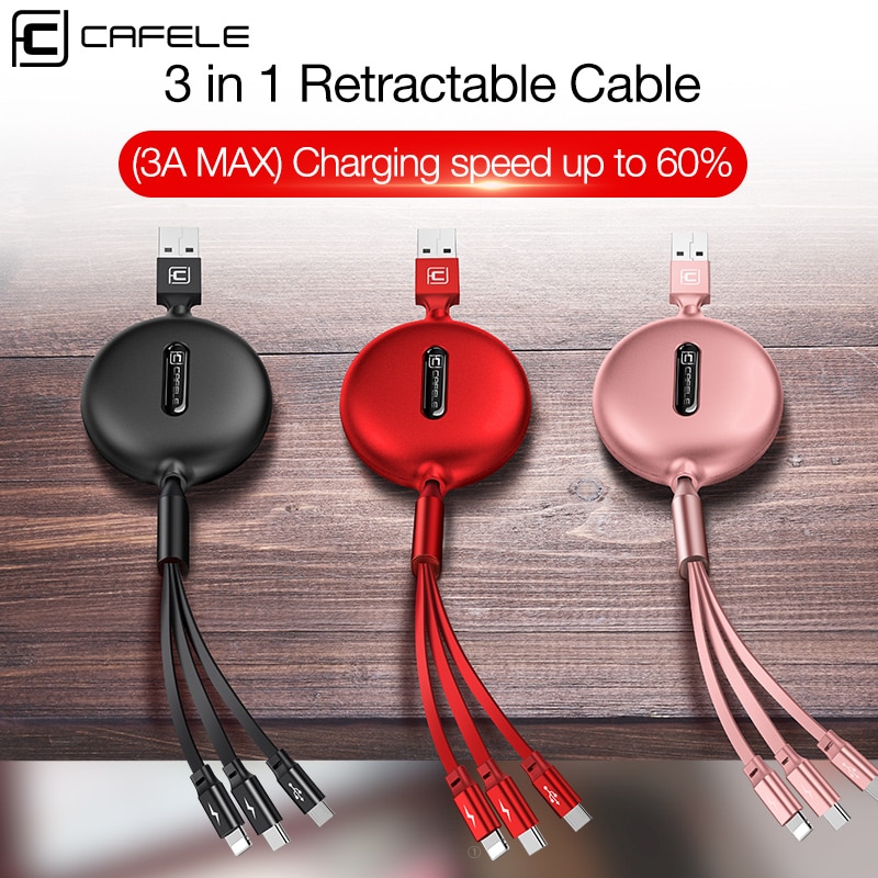 Cafele Retractable 3 in 1 USB Cable Micro Type C USB Cable for iPhone X 3A Fast Charging Cable for Huawei Samsung Phone Charger