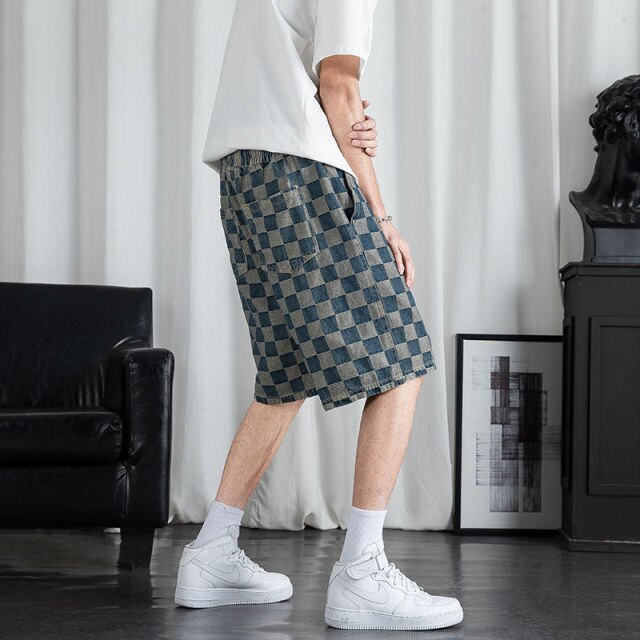 Denim shorts men's summer thin loose wide leg straight tube trend Korean style high street style pants: Denim Shorts Blue / S