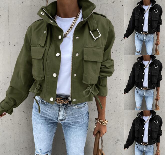 Chaqueta de otoño con cordón para mujer, chaqueta fina corta informal con hebilla y cremallera, abrigo de una botonadura,