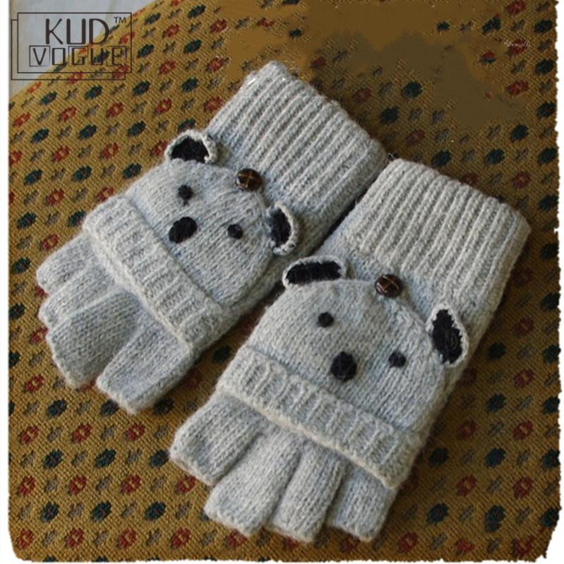 Mori Girl Lolita Kawaii medio dedo dibujos animados encantador oso León invierno guantes De lana guantes gruesos sin dedos calientes Luvas De Inverno