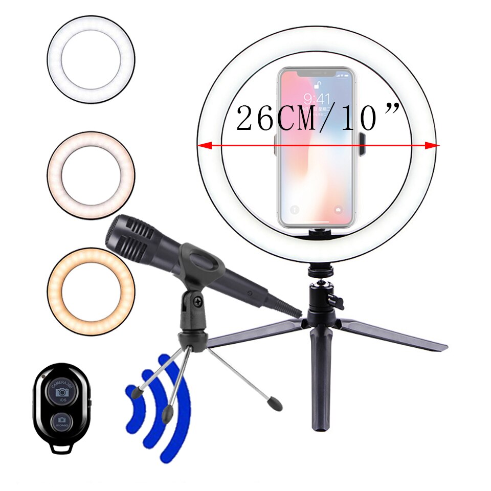 Mikrofon 26CM Fotografie Beleuchtung Ringlight Stativ Foto Led Selfie Bluetooth remote Ring Licht Telefon Lampe Live: Licht Gelb