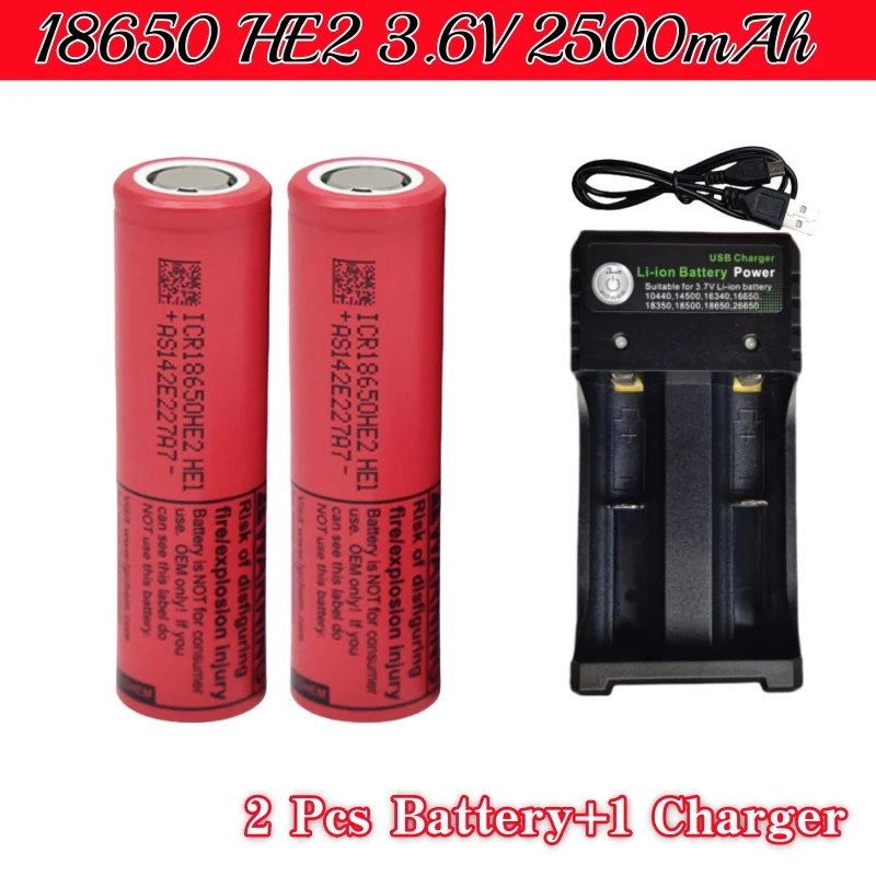 18650 HE2 Akumulator 3,6 V 2500 mAh ICR18650-HE2, używany do różnych produktów elektronicznych, zabawek Z ładowarką USB: Różowy