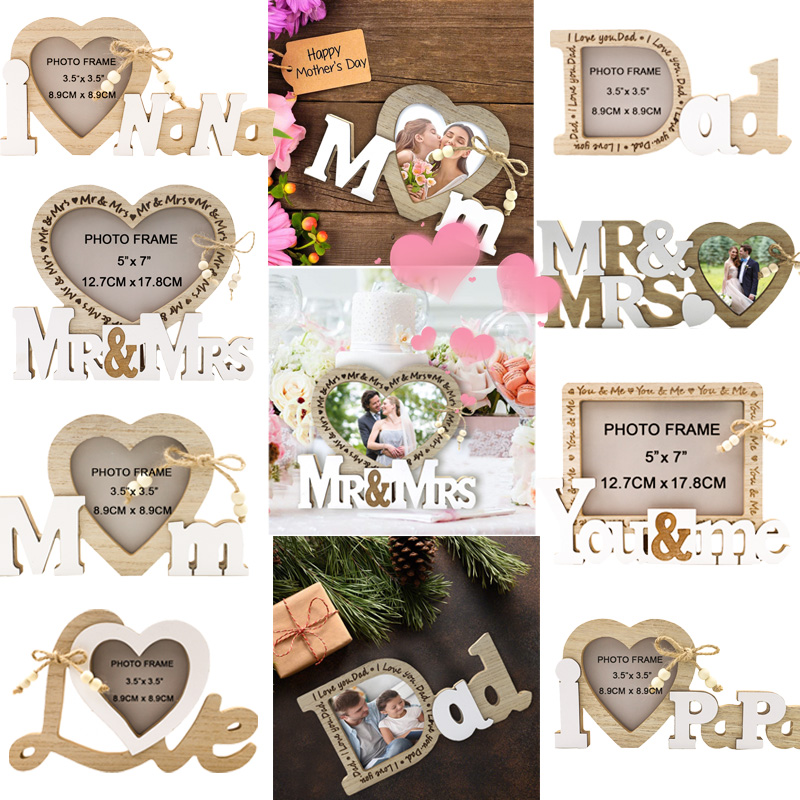 Marco de fotos de corazón de amor de madera, adornos artesanales, marco de fotos, cereza para boda, Día del Padre, Día de San Valentín, decoración de mesa,