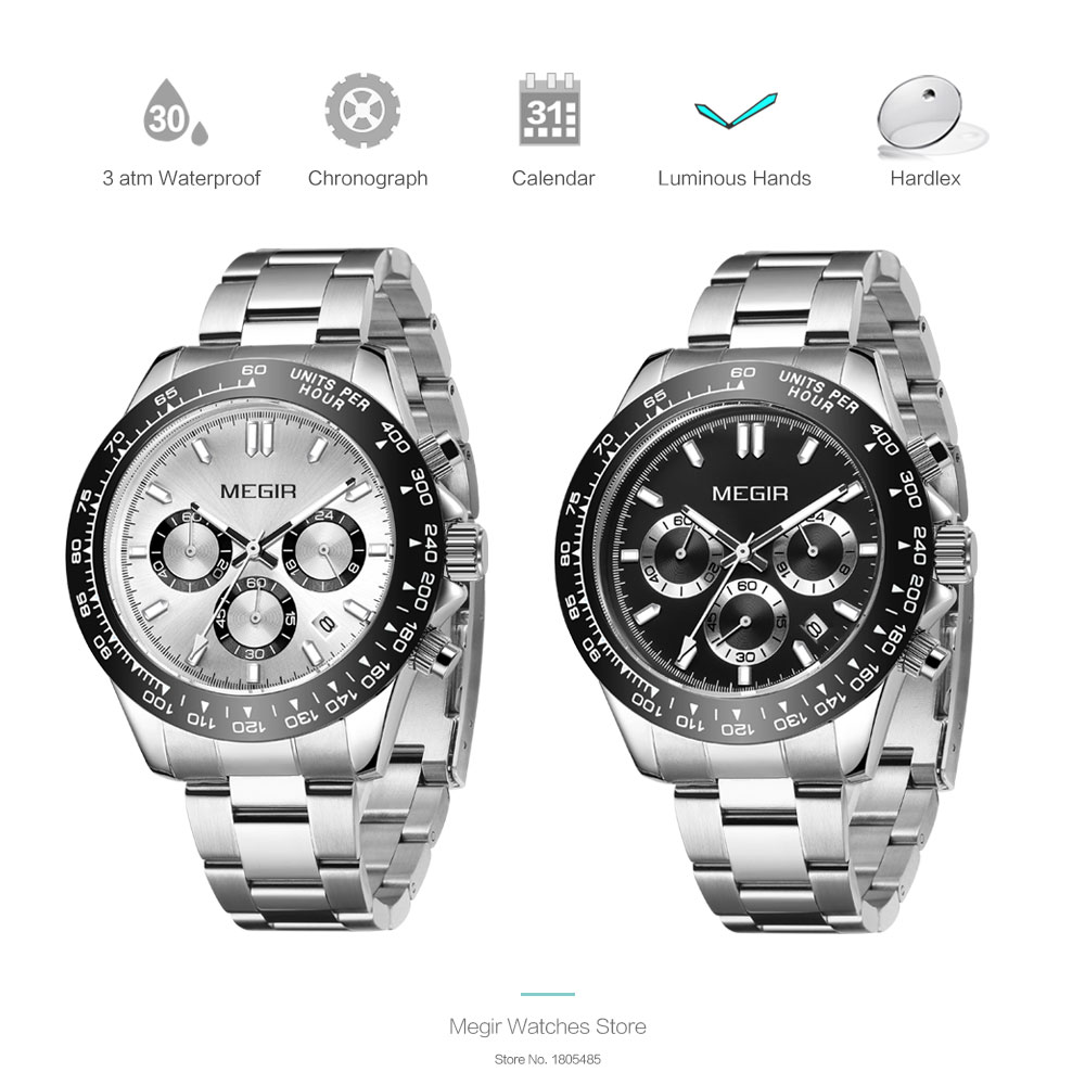 MEGIR Men Watch Top Brand Luxury Sports Quartz Watches Stainless Steel Strap Waterproof Chronograph Wristwatch часы мужские 8104