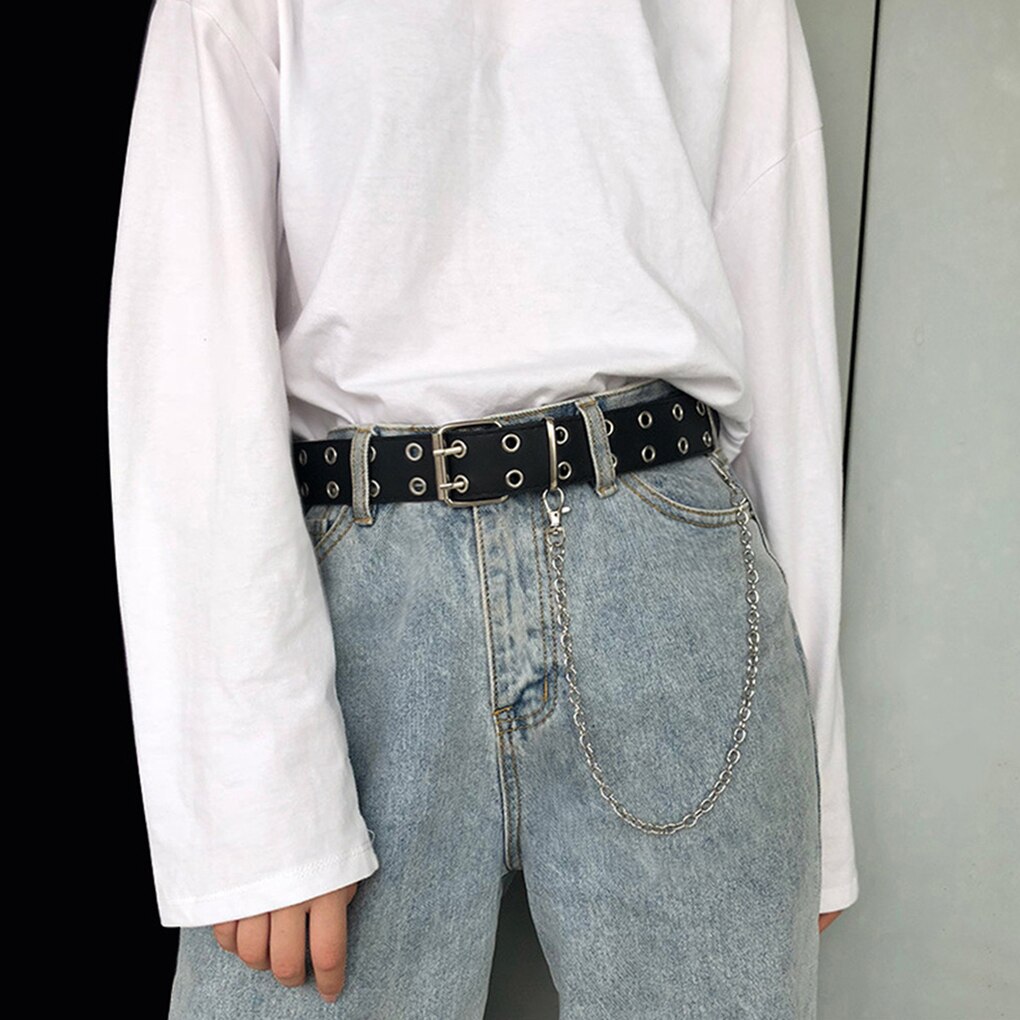 Women Punk Chain Belt Adjustable Double Row Hole Eyelet Waistband with Eyelet Chain Decorative Belts