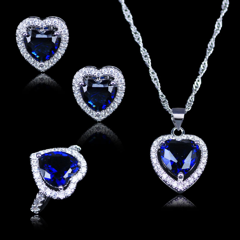 Russische eenvoudige stijl hart blauwe kristal witte zirkoon zilverkleurige sieraden sets voor dames ring ketting hanger oorbellen