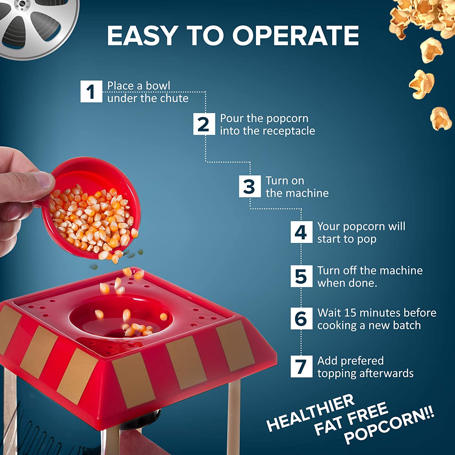 Red Electric 1200W Carnival Fairground Healthy Popcorn Maker - With 6 Serving Boxes and Measuring Scoop