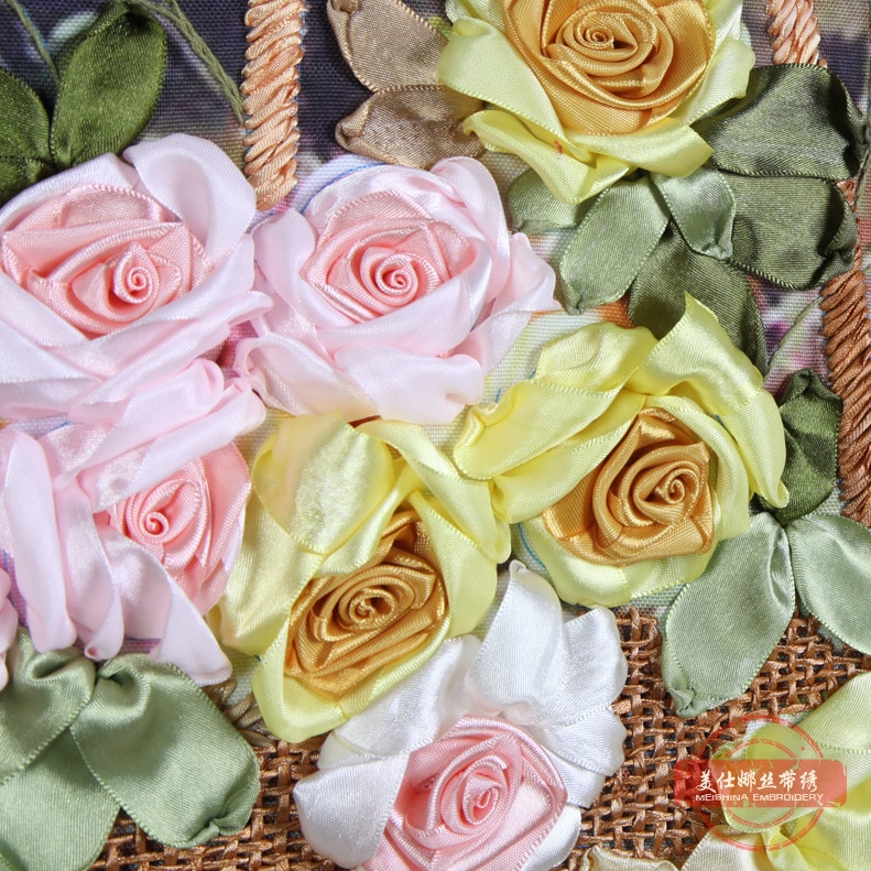 DIY Borduurwerk Kit, Lint Borduren, Naaien handwerken, Kruissteek, 3D Canvas Schilderij, Bloem, rose, Woonkamer Decor